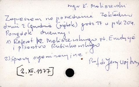 napisane przez Jerzego Wojtowicza odręczne zaproszenie na posiedzenie Zakładu Historii Powszechnej i Polskiej XVI–XVIII w., zaplanowane na 2. 12. 1977 r. (kopia z Archiwum Kazimierza Maliszewskiego)  